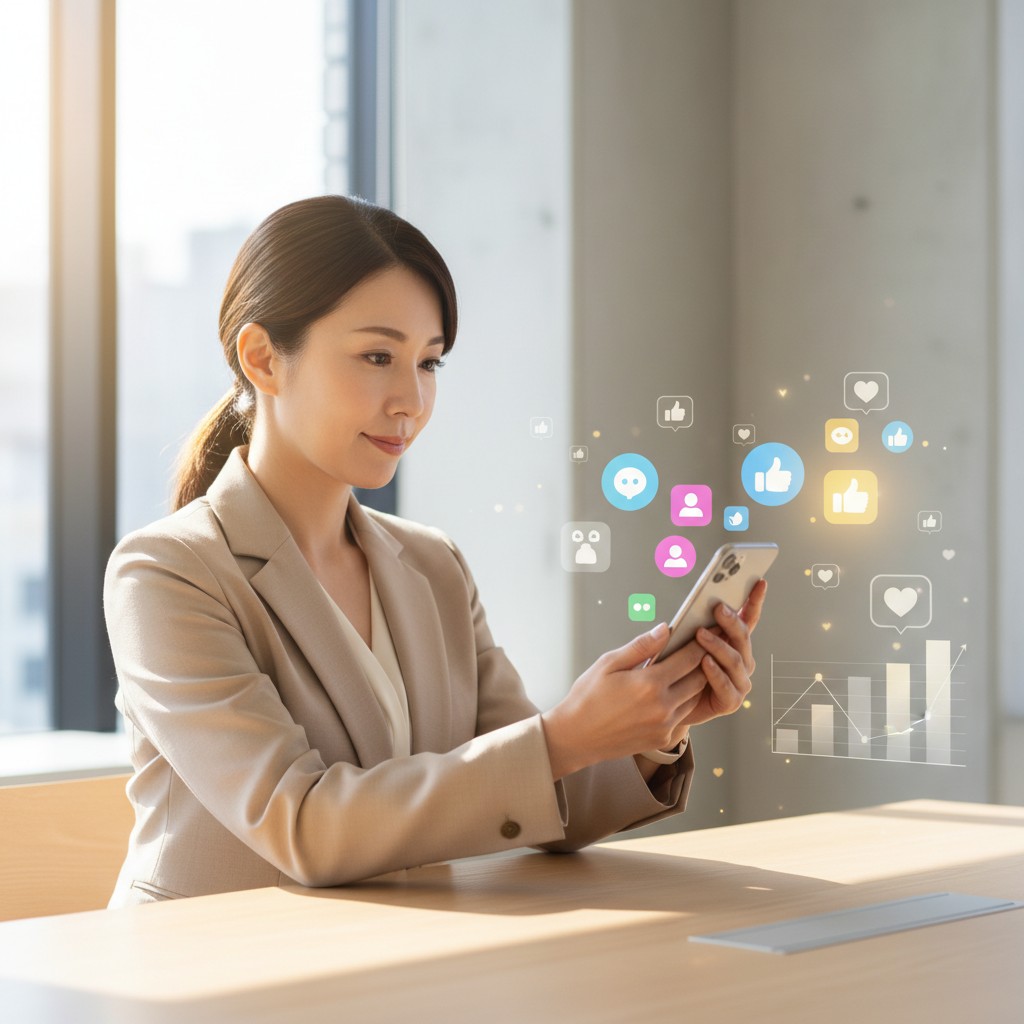 スマートフォンでSNSを確認する日本人女性マーケターのイメージ