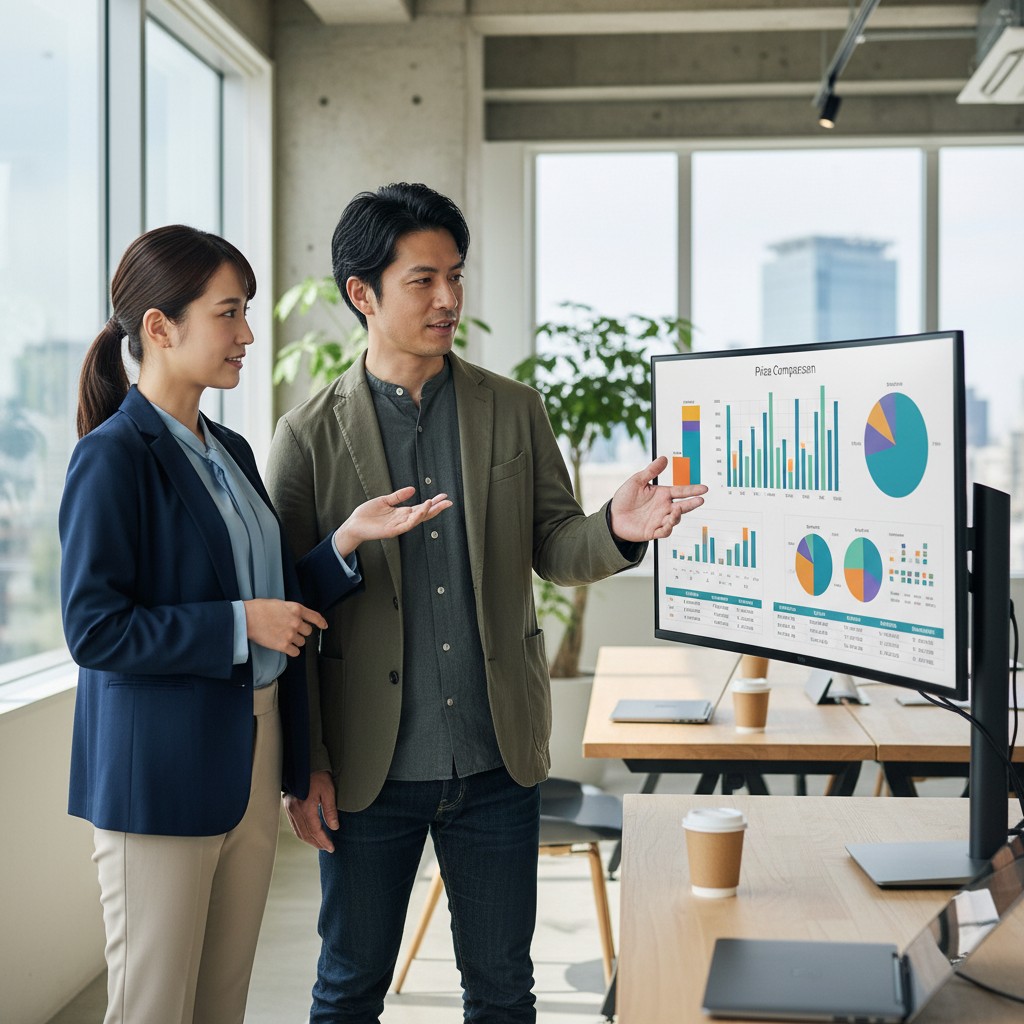 モニターで価格比較表を確認するBtoB担当者2名