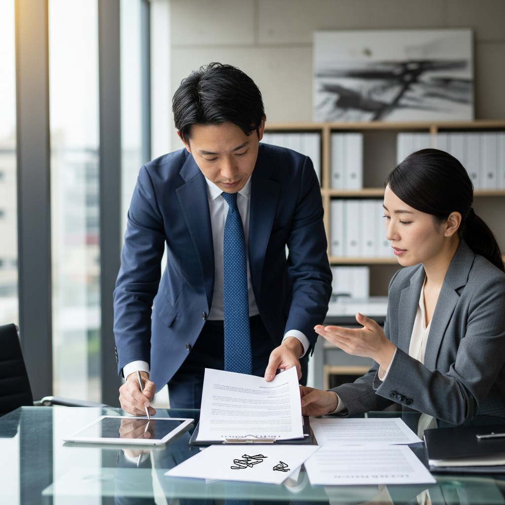 契約書を確認するマーケティング担当者と弁護士