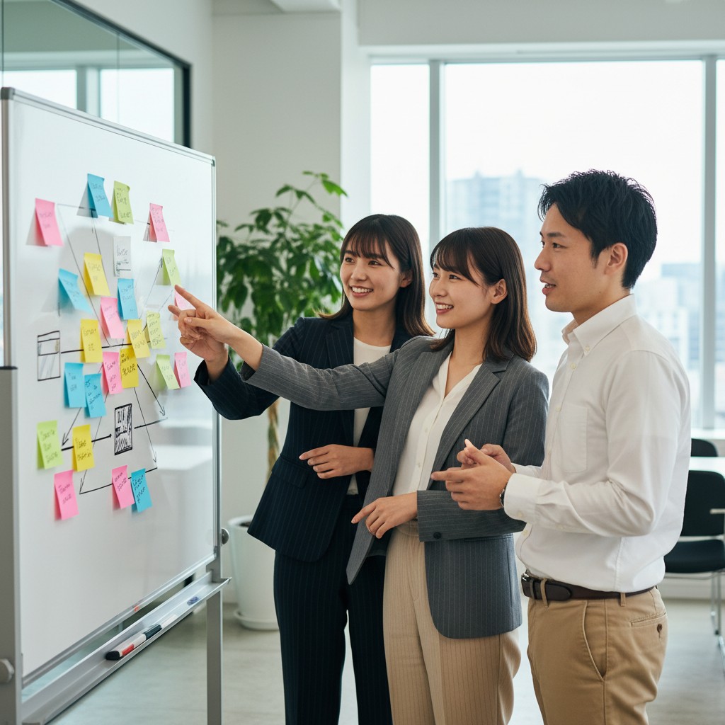 ホワイトボード前で施策設計するマーケティングチーム