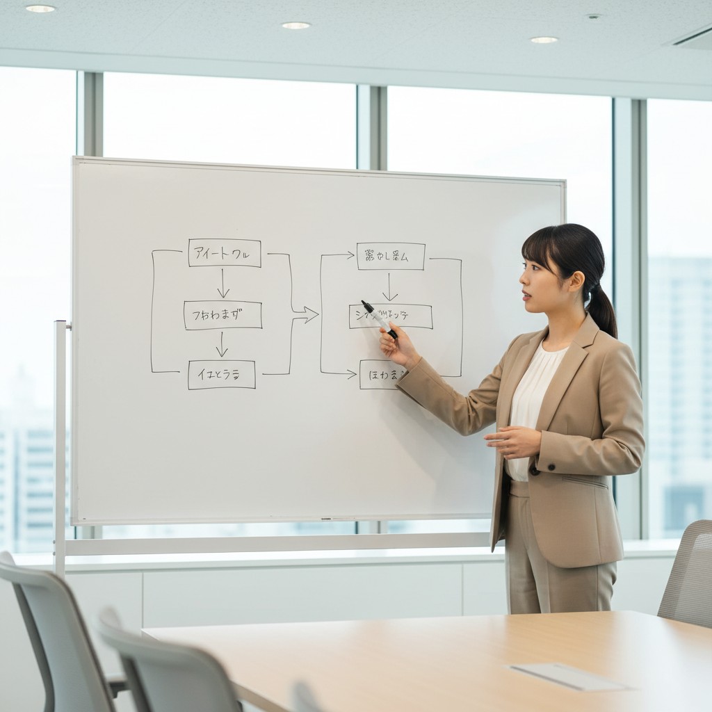 SEOとAEOの違いをホワイトボードで整理する日本人ビジネスパーソン