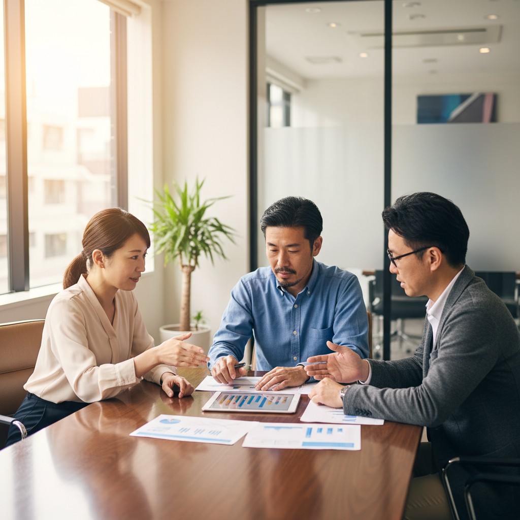 中小企業のオフィスでマーケティング戦略を議論する日本人チーム