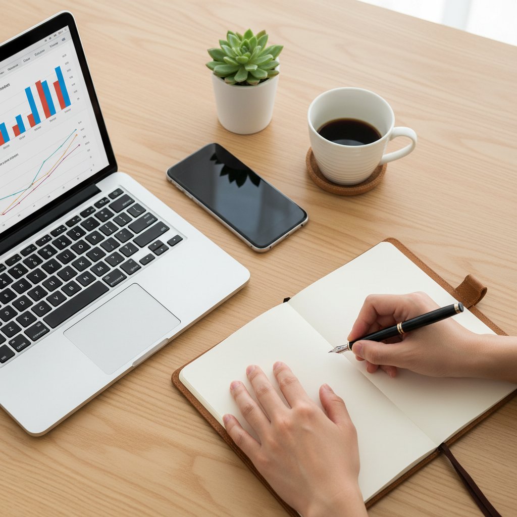 AEO対策の実践手法を解説するノートPCと手書きノート