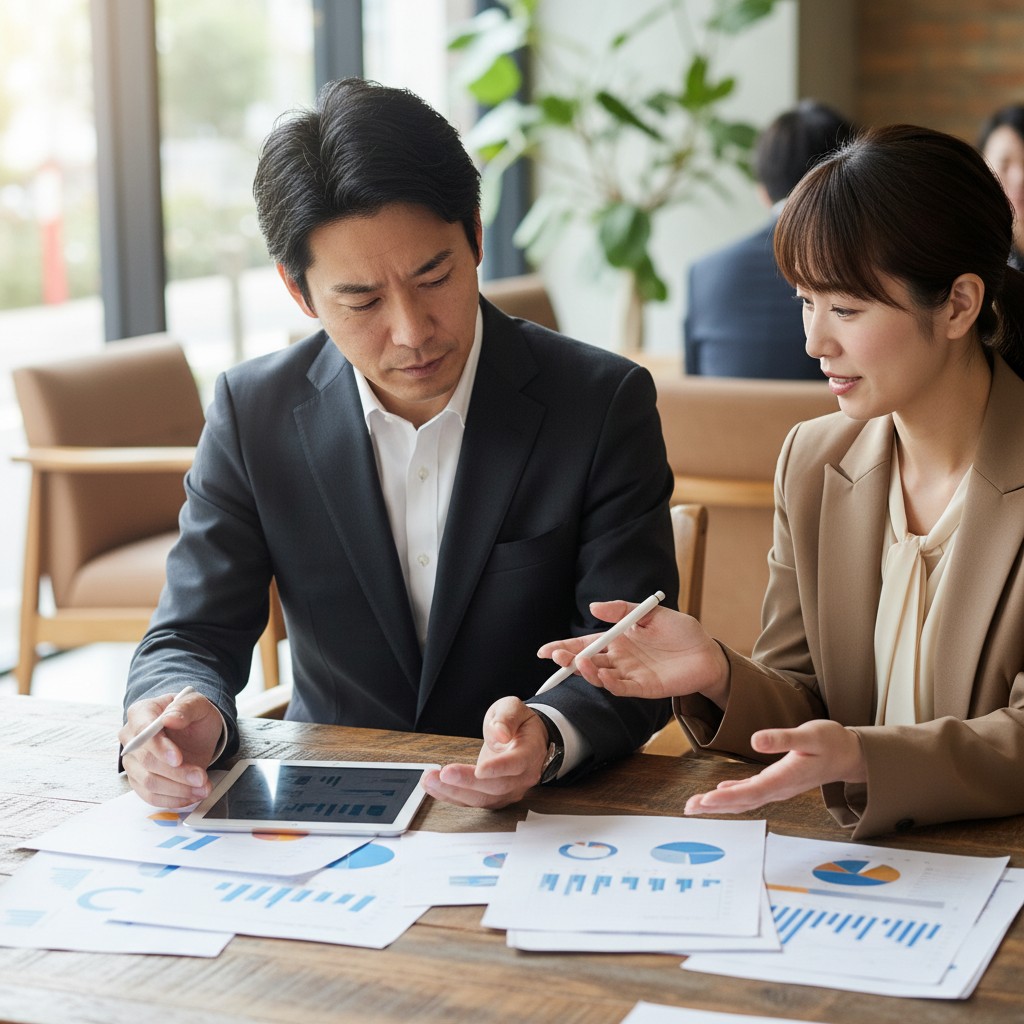 AEO対策の失敗事例について議論する日本人マーケティング担当者