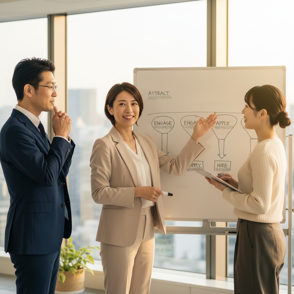 採用マーケティングの戦略を説明する女性HR担当者とチーム
