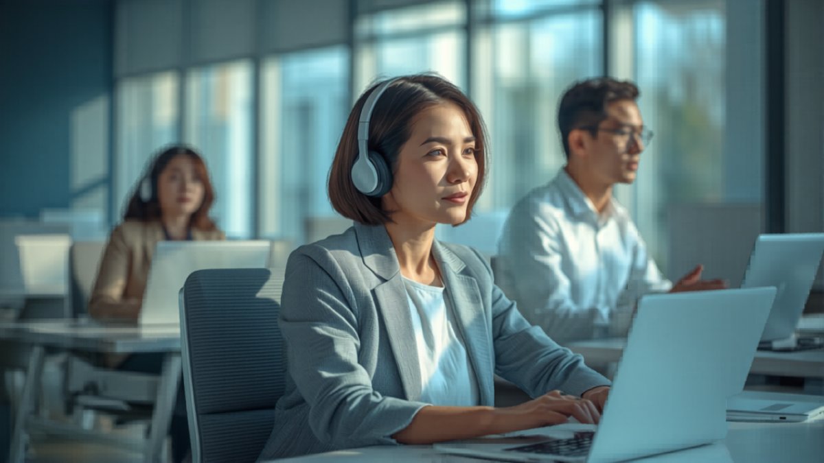 オンラインでウェビナーに参加するビジネスパーソンたちがラップトップで学んでいる様子