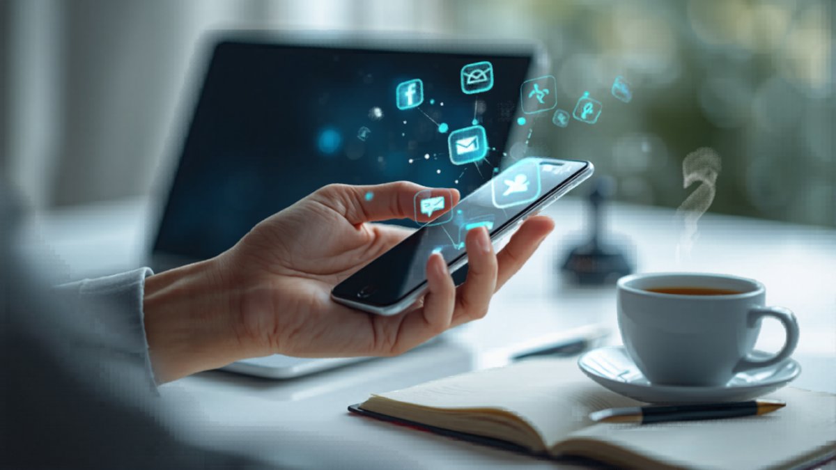 スマートフォン上に複数のデジタルマーケティングチャネルのアイコンが浮かぶ様子