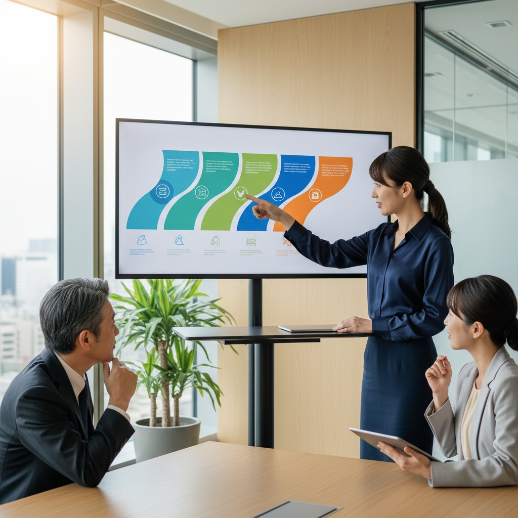 採用戦略ロードマップをプレゼンする女性コンサルタント