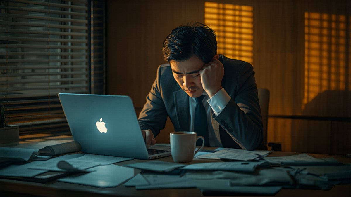 デスクで頭を抱えるビジネスパーソンと右肩下がりのグラフが映るノートPC