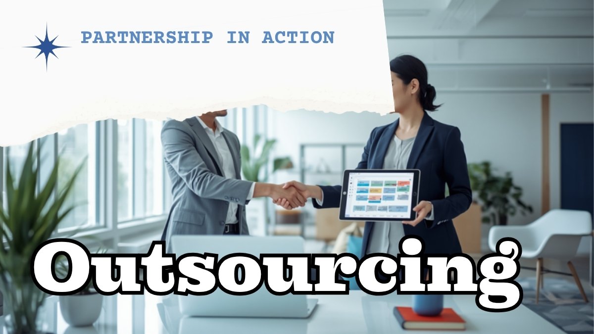 握手を交わすビジネスパートナー2人とワークフロー図を持つ手