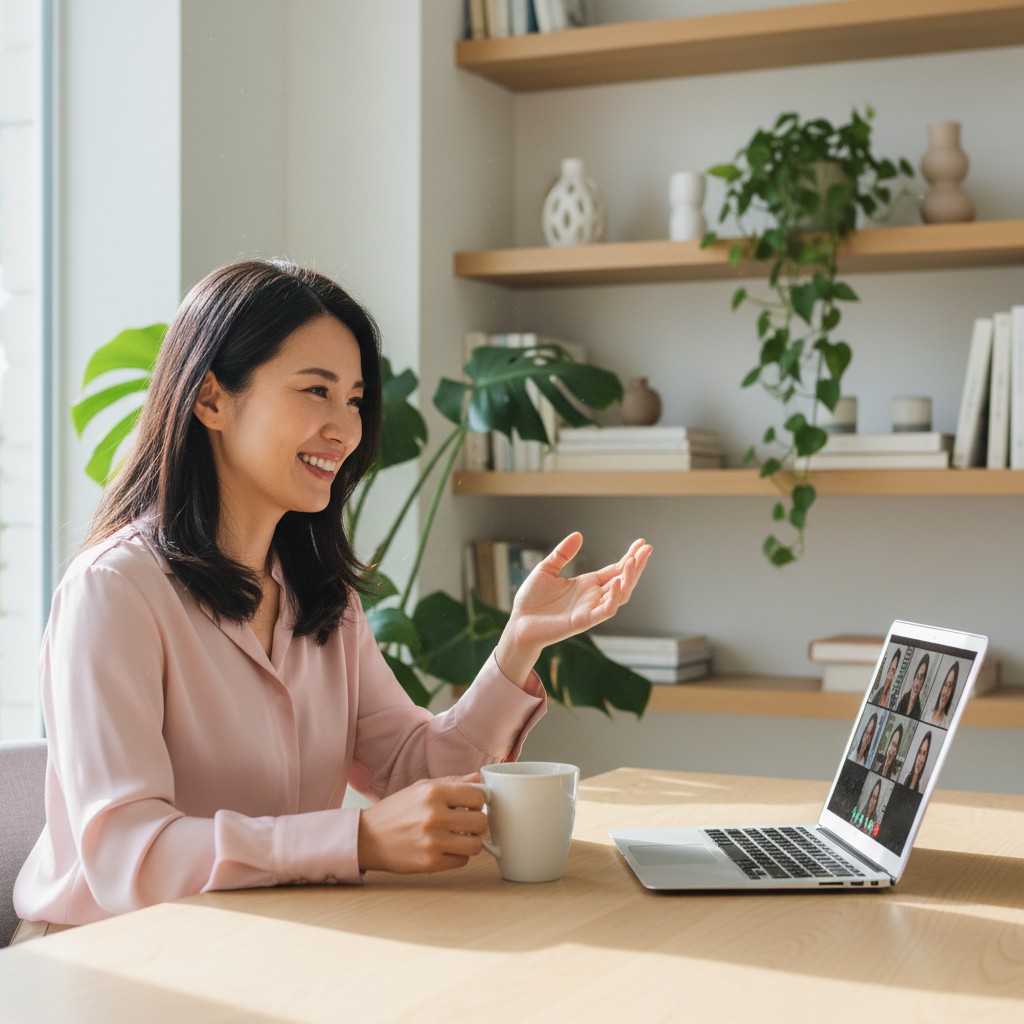 FAQに答えるHR担当者（笑顔のオンライン対応）