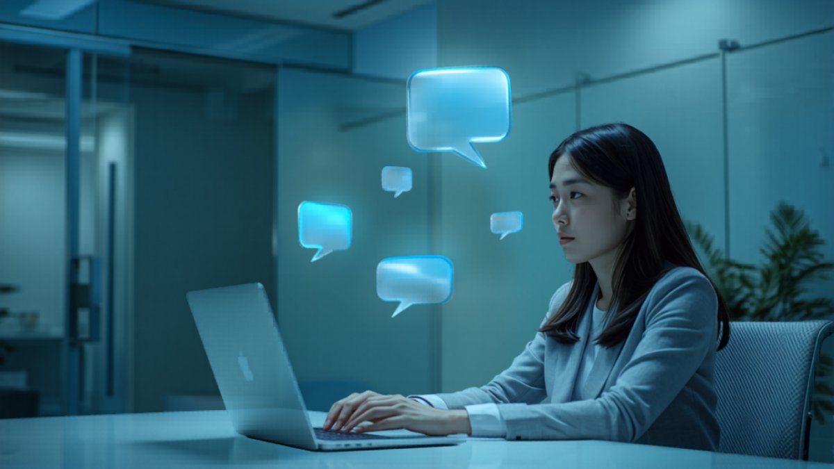 ラップトップの上に浮かぶ複数の吹き出しを眺めるビジネスパーソン