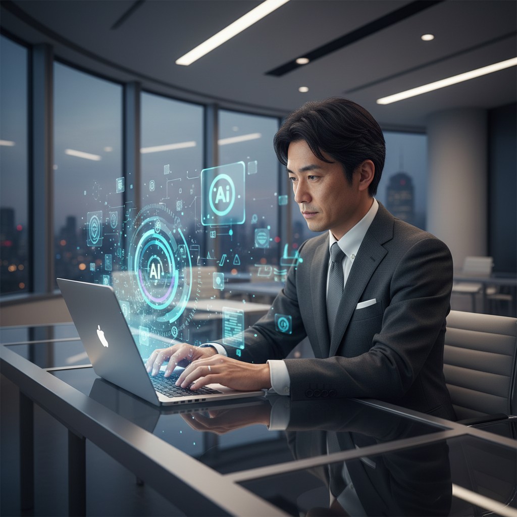 AIエージェントとは何かを説明するビジネスマンのイメージ