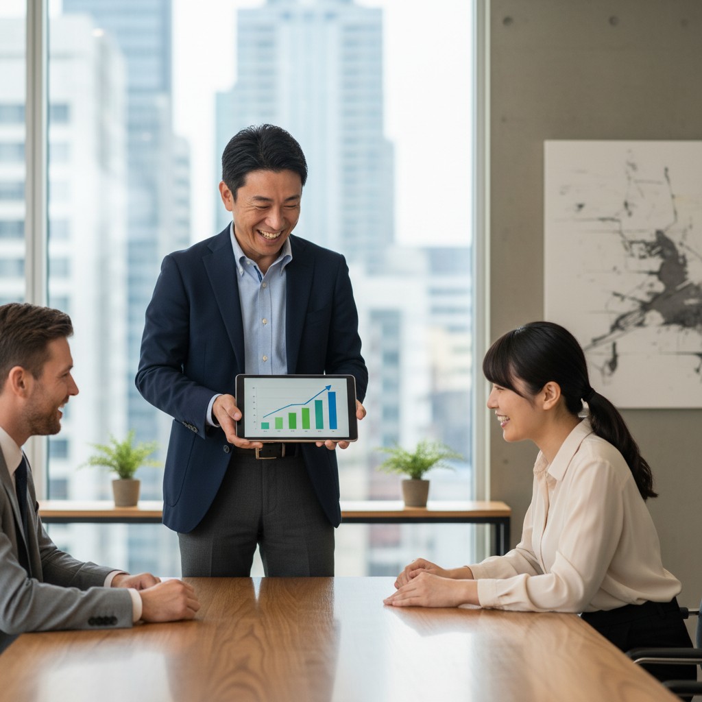 AIエージェントのマーケティング活用事例を説明するビジネスマンのイメージ