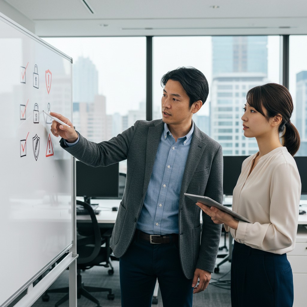 AIエージェント導入の注意点とリスク管理を確認するITコンサルタントのイメージ