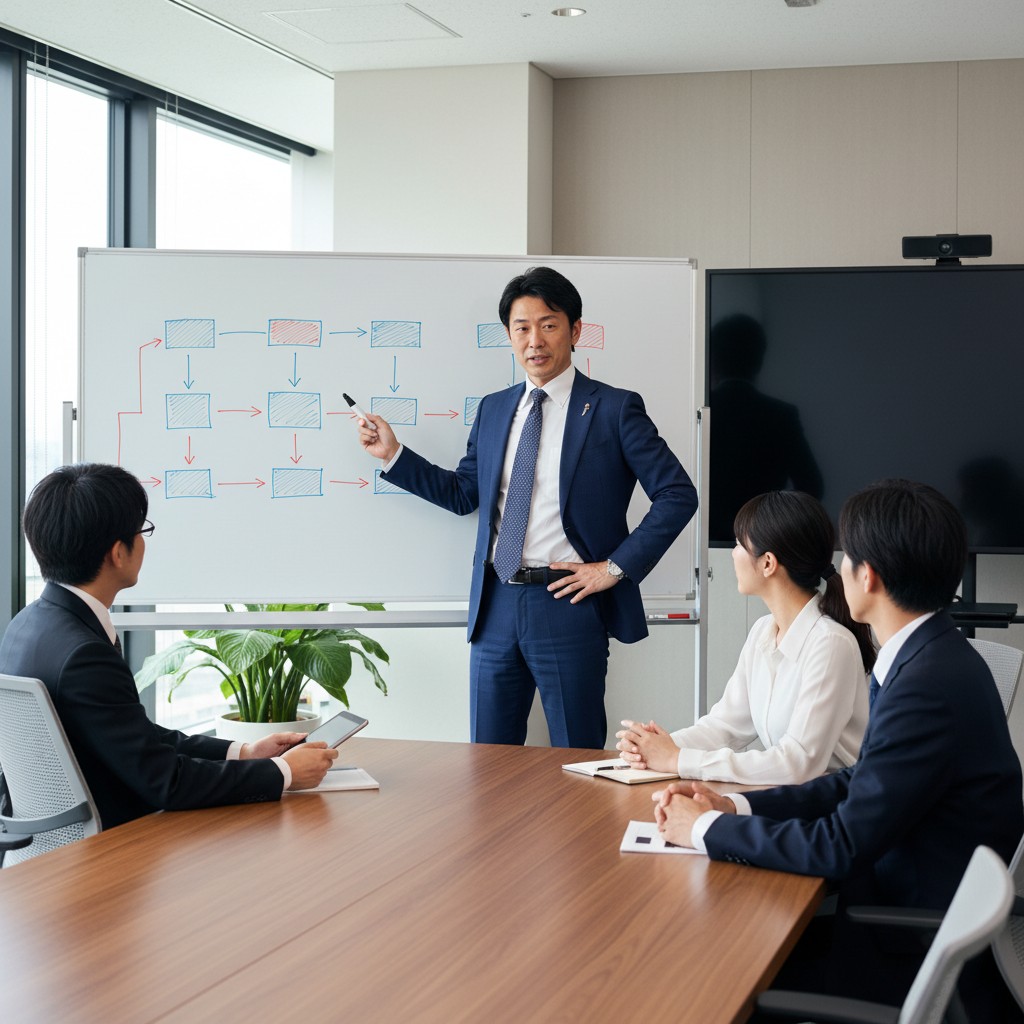 AIエージェント導入ステップをホワイトボードで説明するマーケティングマネージャーのイメージ