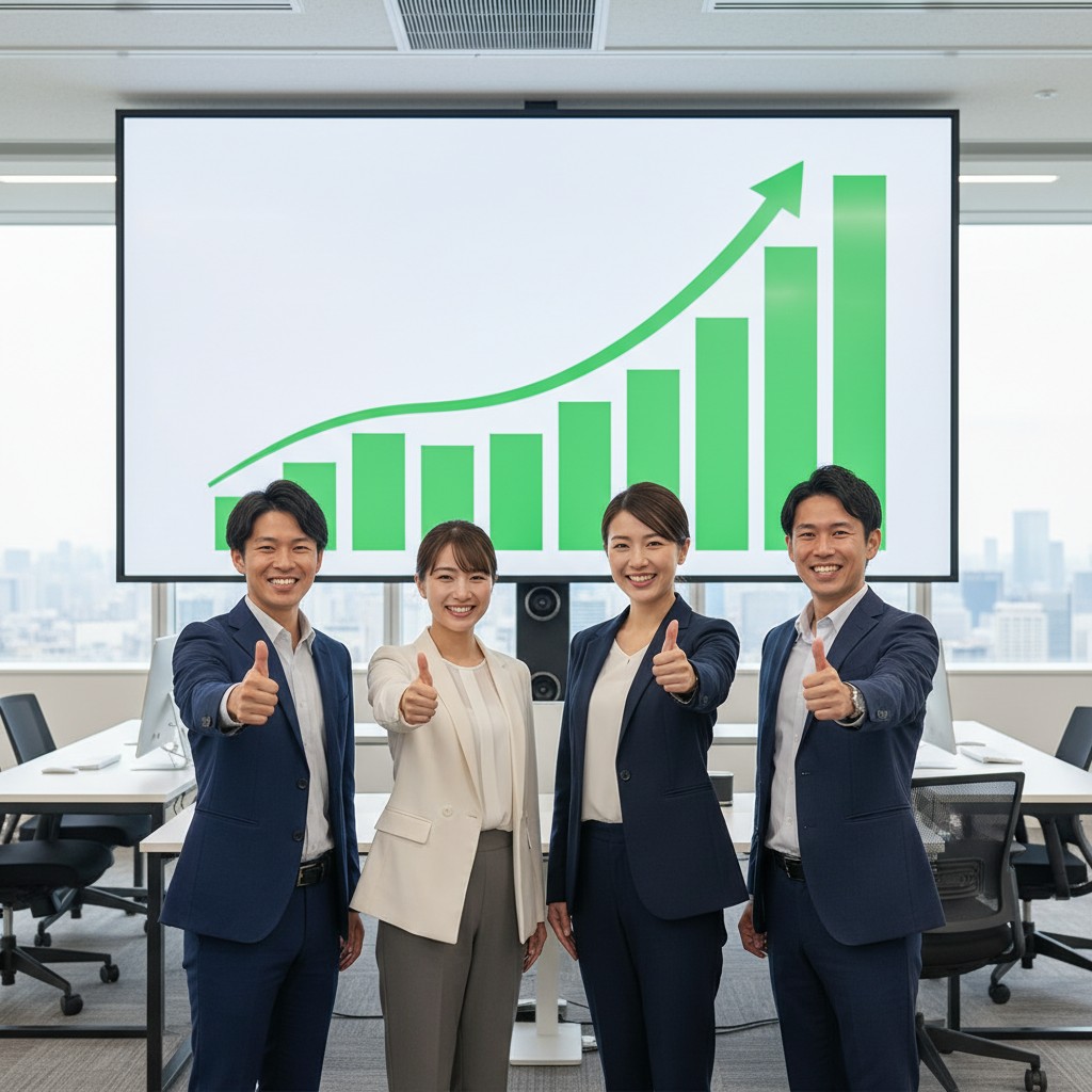 AIエージェントでマーケティング成果を達成して喜ぶビジネスチームのイメージ