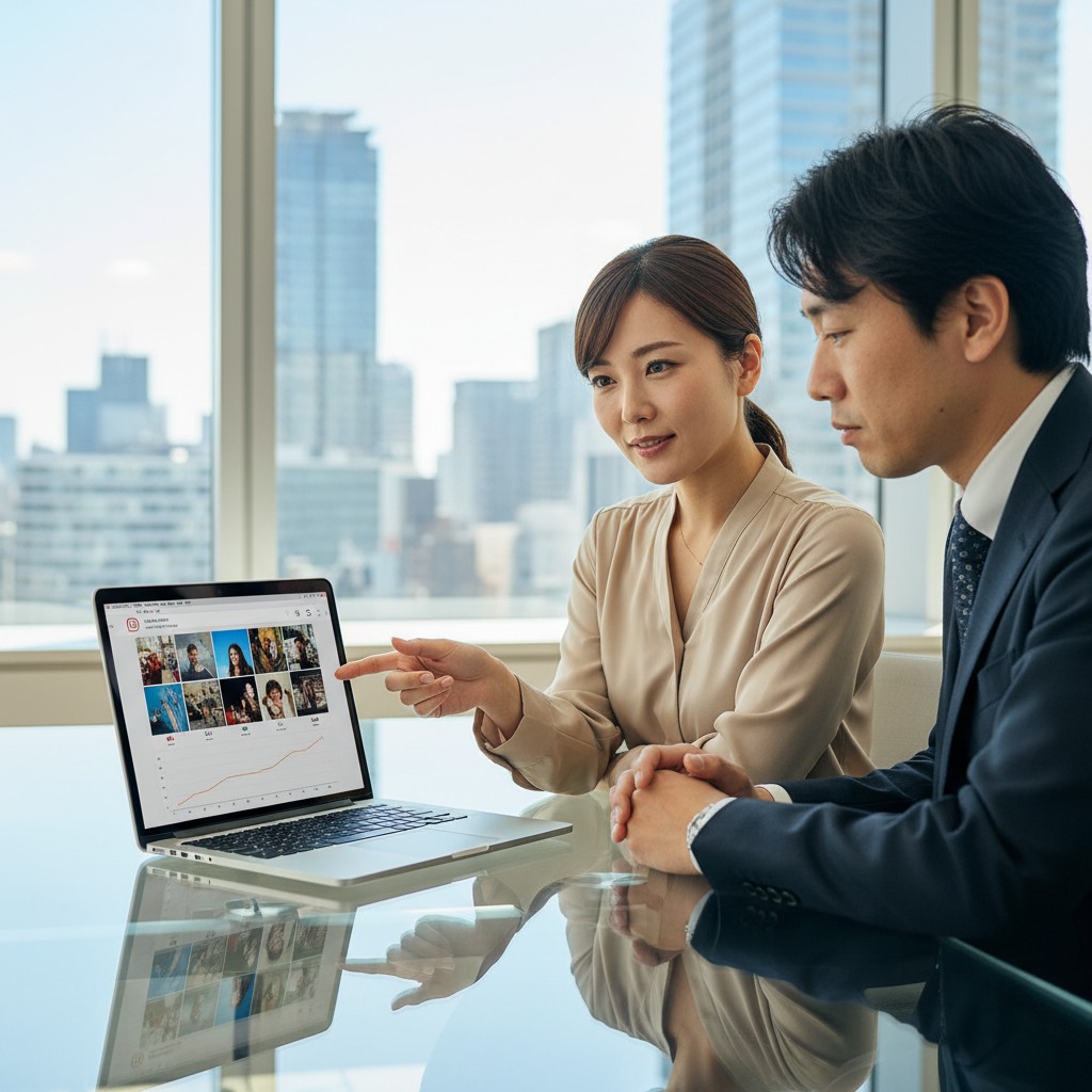 Instagram運用代行の業務範囲を会議で確認するマーケティング担当者