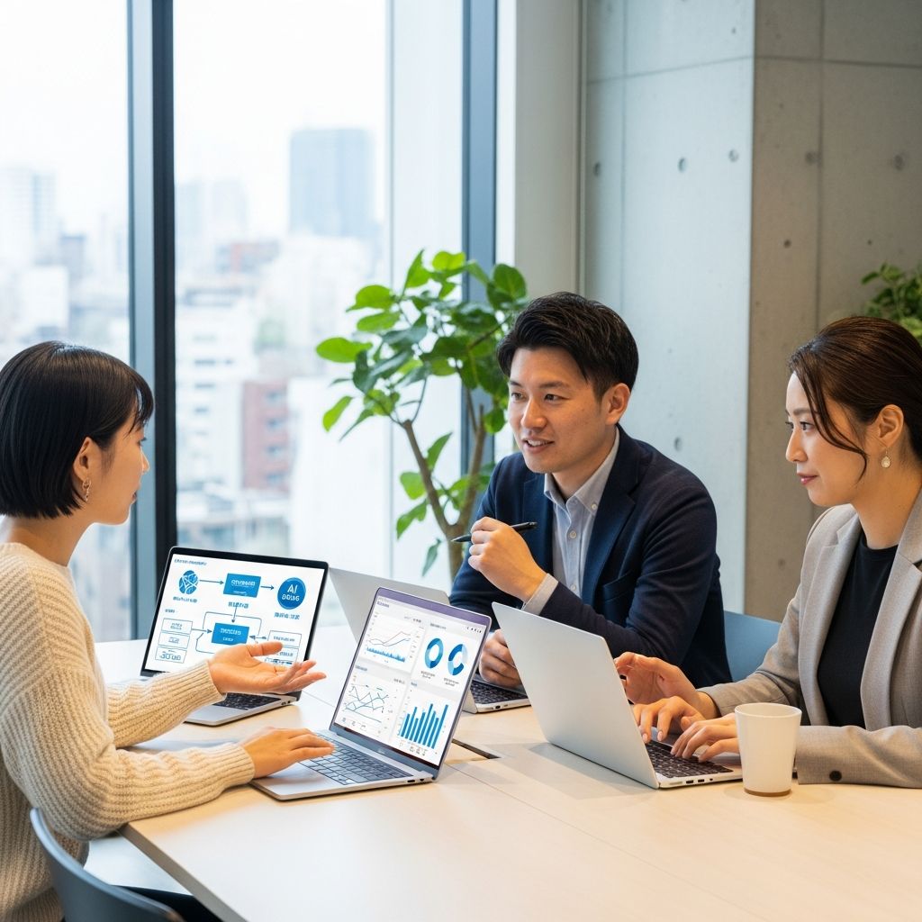 AIデジタル広告自動化機能を議論するマーケティングチーム