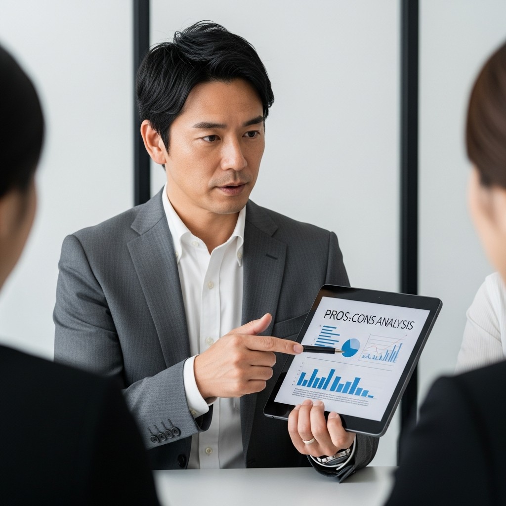 Meta広告のメリットとデメリットを分析するコンサルタント