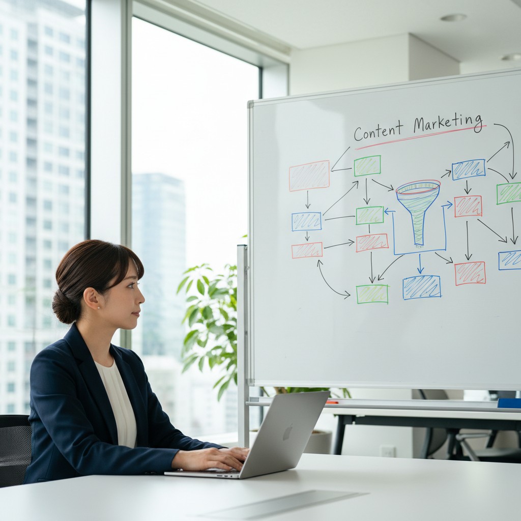 コンテンツマーケティングの定義と目的をホワイトボードで整理する女性マーケター