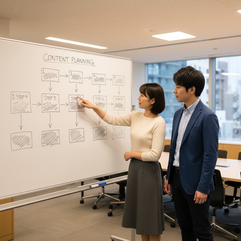 コンテンツマーケティング立ち上げ7ステップをホワイトボードで共有するチーム