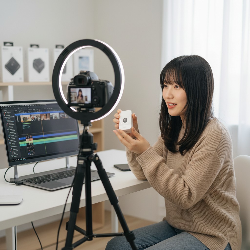 スタジオでショート動画コンテンツを撮影する若手クリエイター