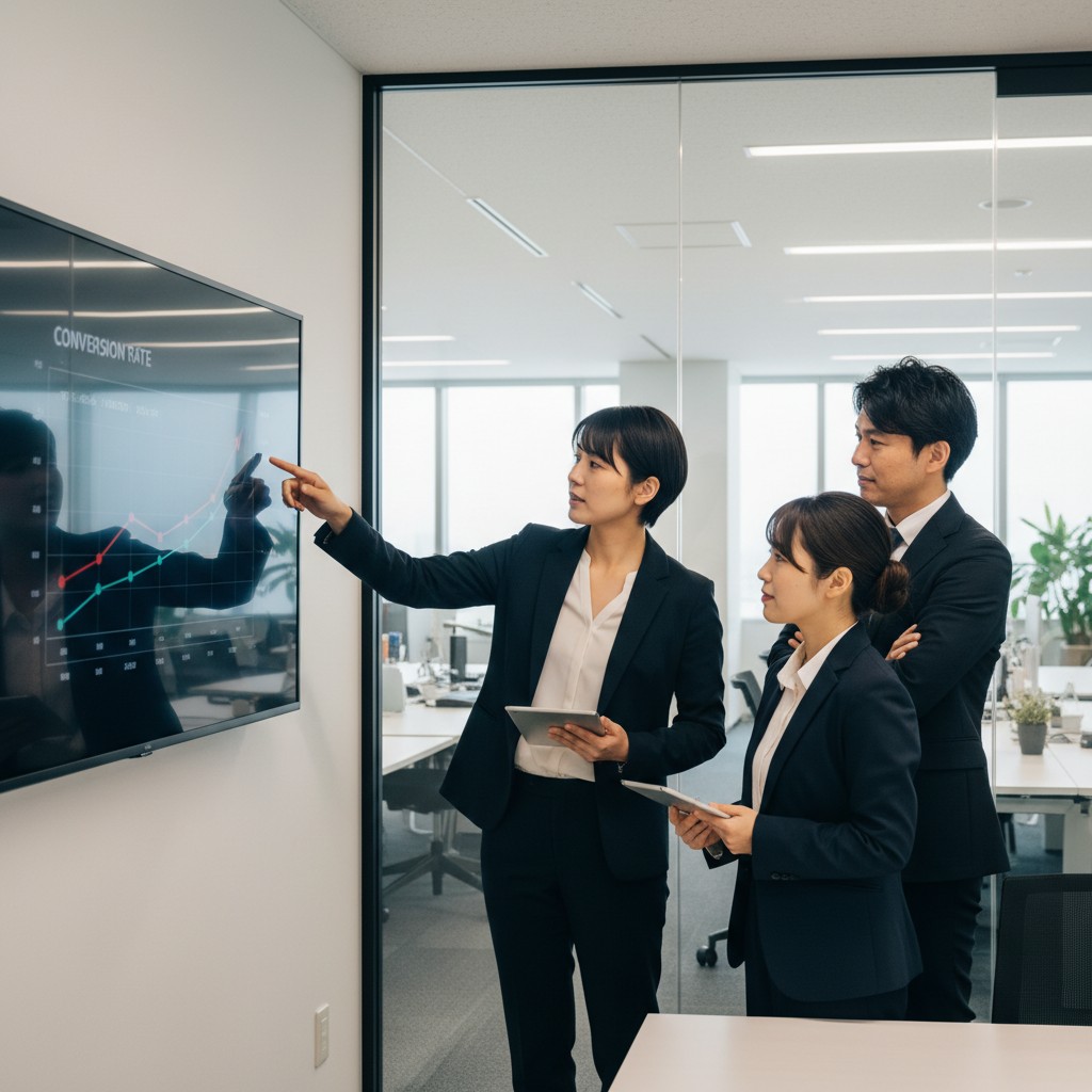 KPIダッシュボードを見ながらコンテンツPDCAを議論するビジネスチーム