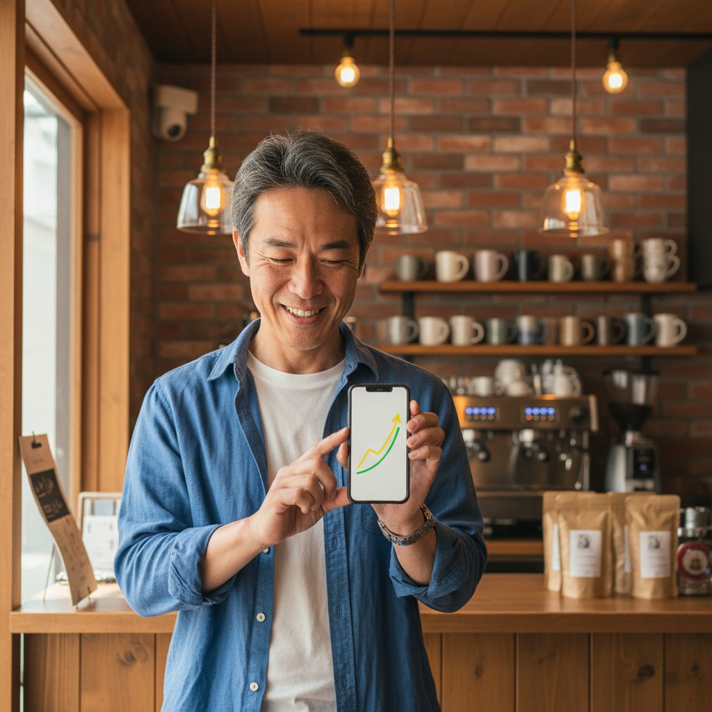 スマートフォンで集客実績の伸びを確認する小規模店舗オーナー