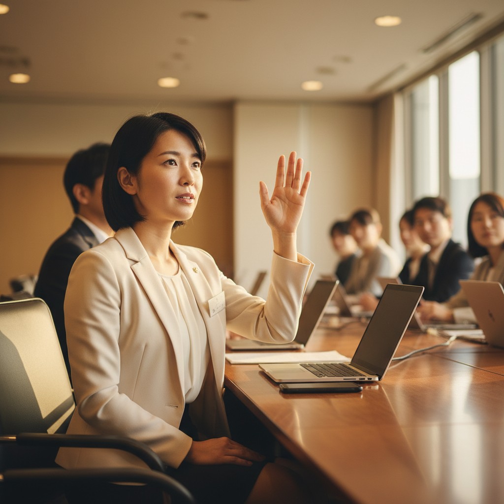 コンテンツマーケティングセミナーで質問する参加者