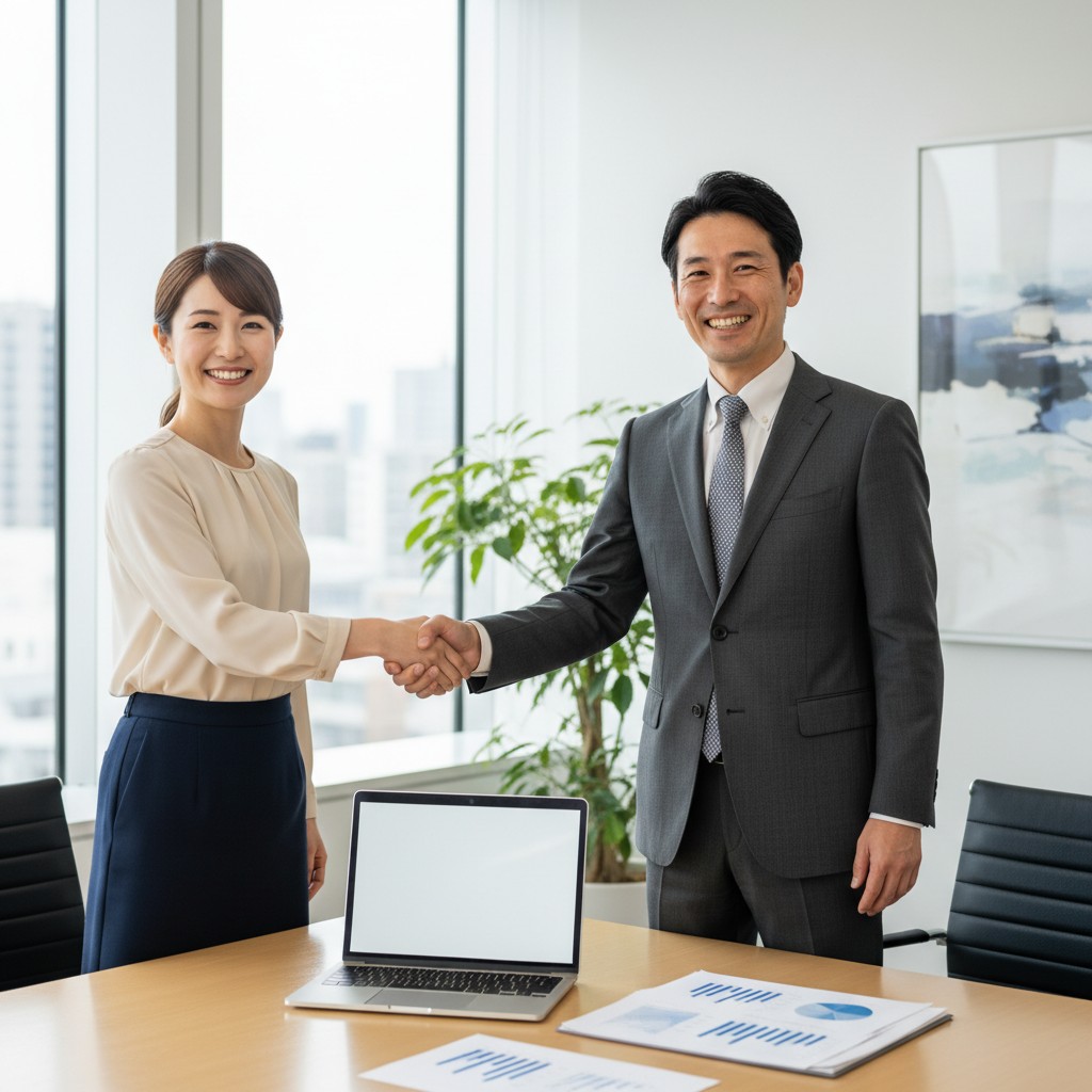 Rakuboのコンテンツマーケ戦略プレゼン後にクライアントと握手するコンサルタント