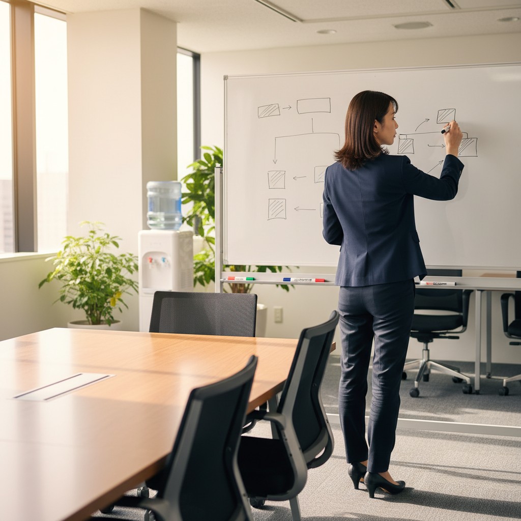 ウェビナー事前集客計画を立てる日本人女性マーケター