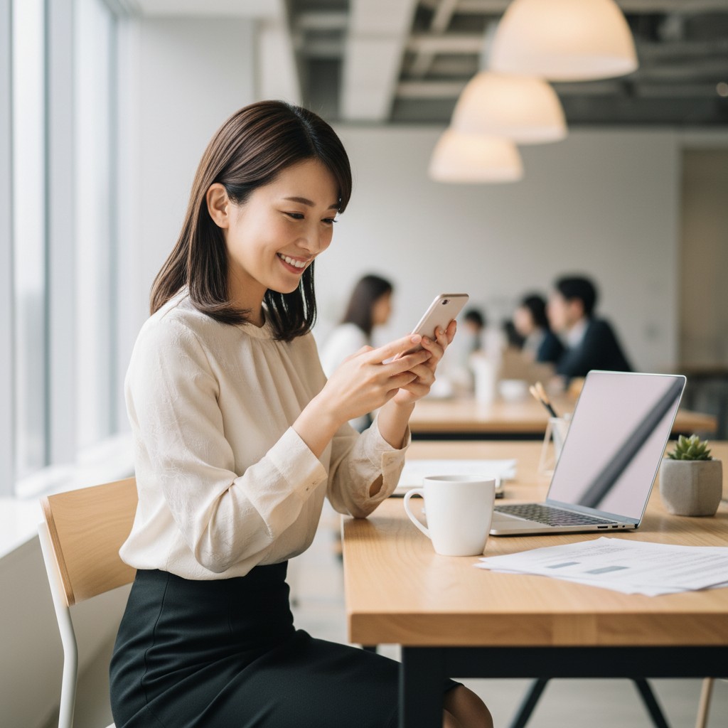 リマインダーメールを確認する日本人女性担当者