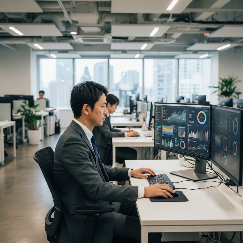 マーケティング分析ダッシュボードを確認する日本人男性