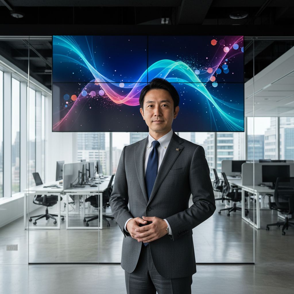 AIマーケティングダッシュボードを説明する日本人男性