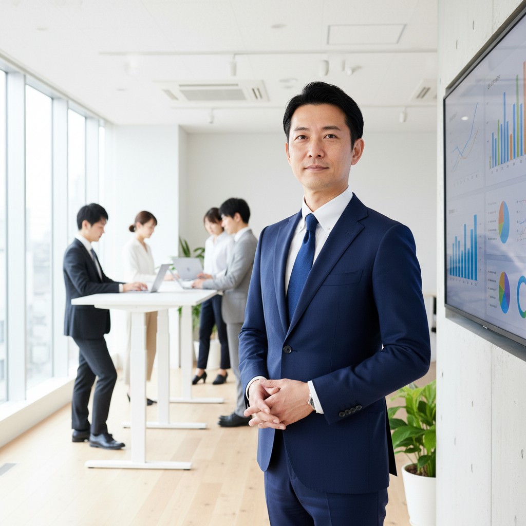 中小企業の経営者がDX推進中のオフィスで業務ダッシュボードを確認するイメージ