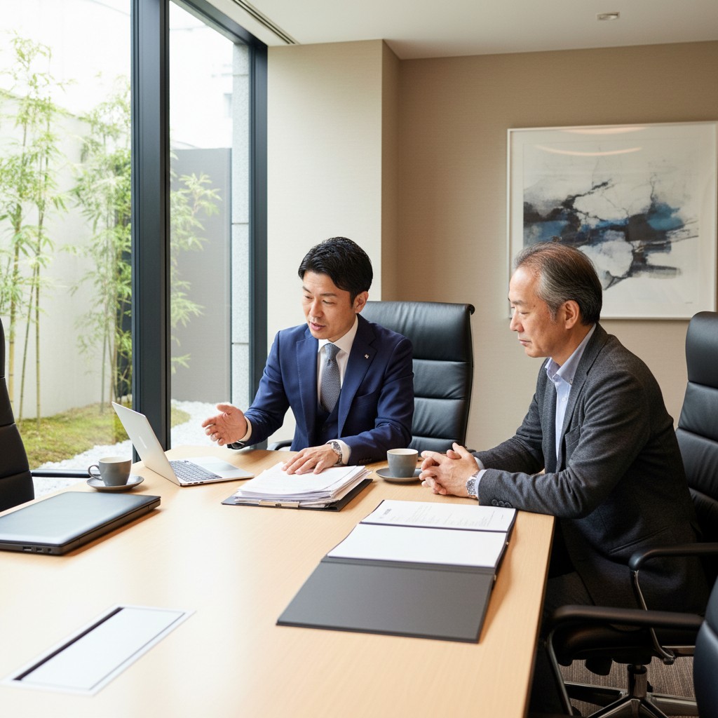 中小企業向け補助金の活用を相談する経営者と支援機関の担当者