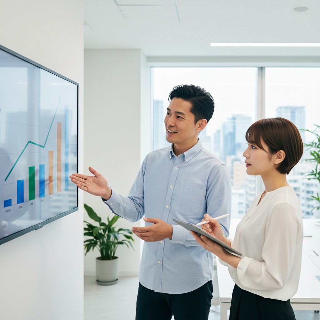 SEOとGEOの相乗効果を成長グラフで説明するマーケティングマネージャー