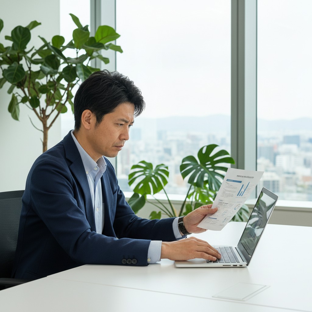 オフィスで採用マーケティングの資料を読む日本人HRマネージャー