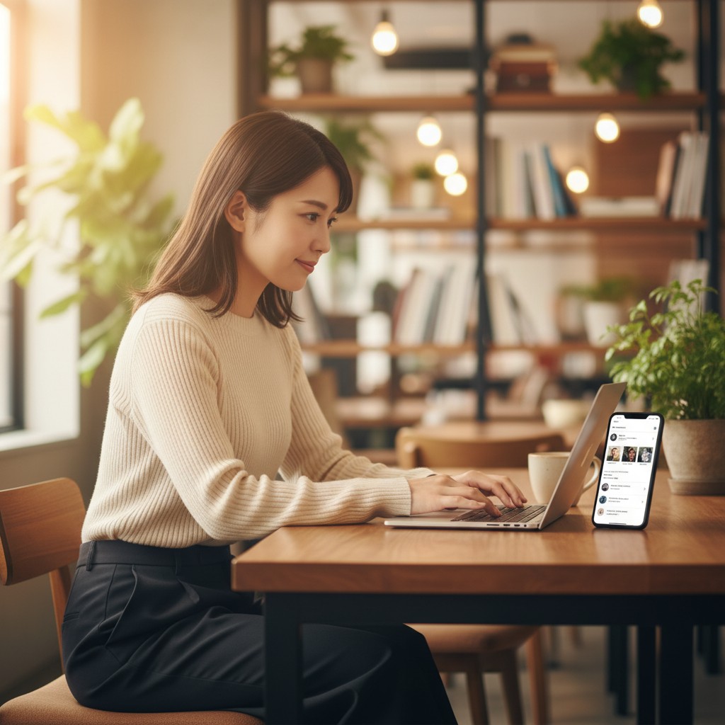 コワーキングスペースで採用マーケティング業務を行う若手日本人女性