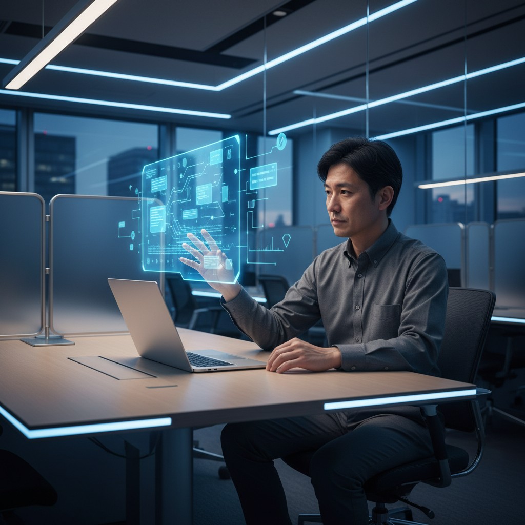 ホログラフィックUIでAIチャットボットと対話する日本人男性プロフェッショナル