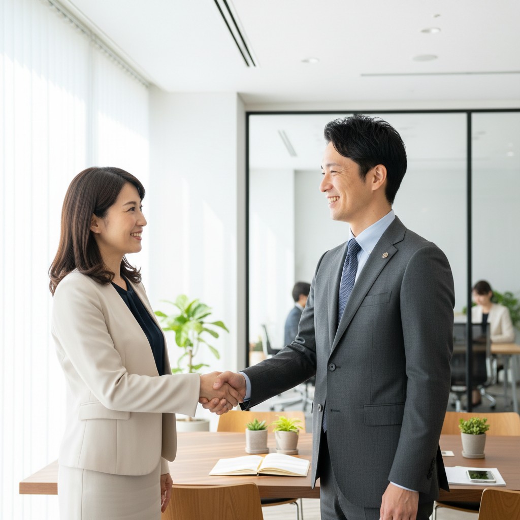 中小企業クライアントと握手するラクボの男性マーケティングコンサルタント