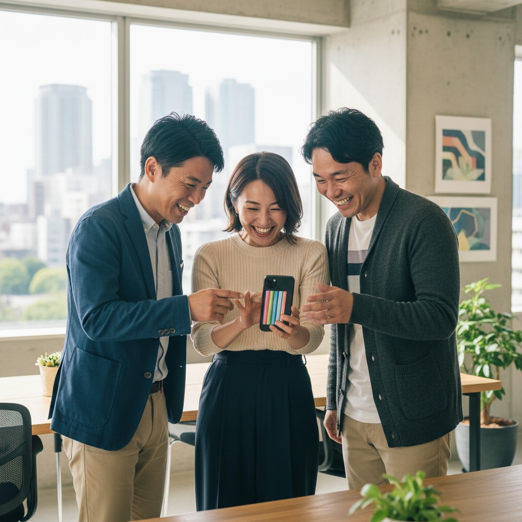 中小企業の経営者が短尺動画を一緒に視聴している様子