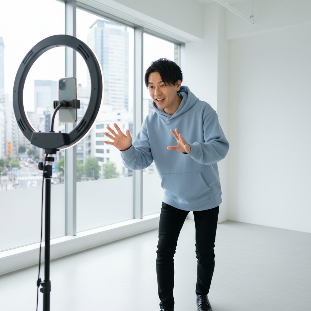 スマートフォンとリングライトでリール動画を撮影する制作者