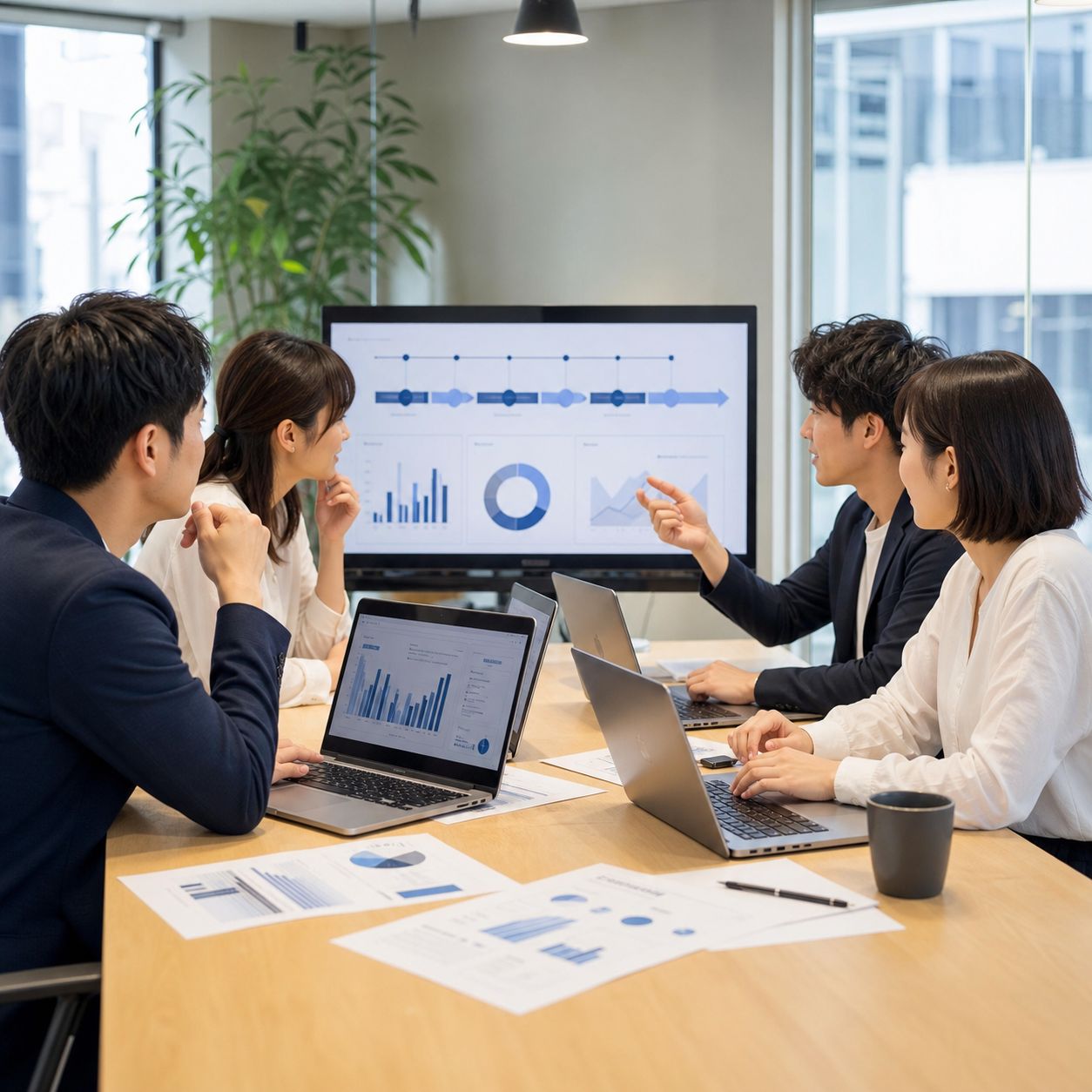 中小企業の広告担当者がAI広告運用の全体像を会議室で確認している様子
