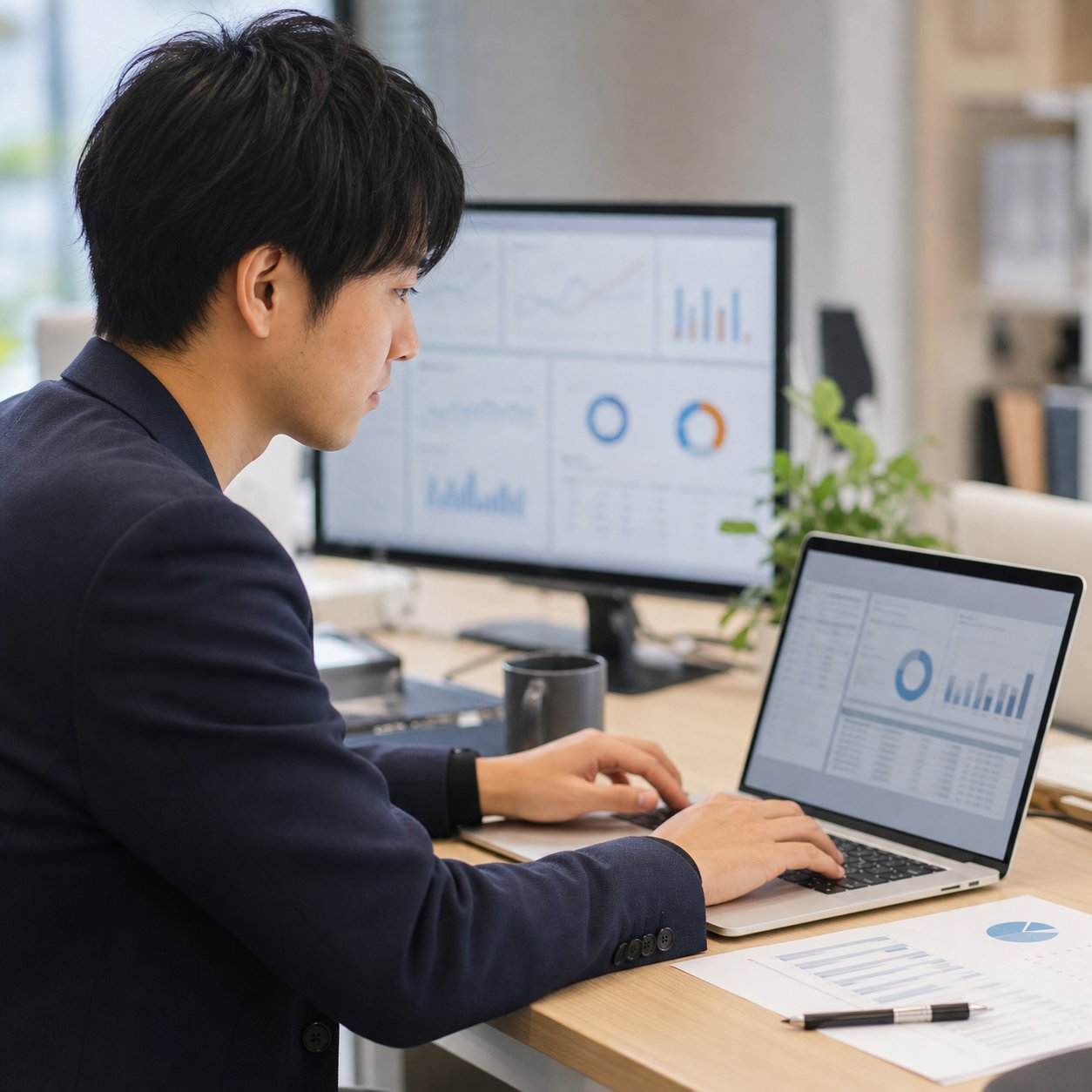 データ担当者が広告コンバージョンとCRM情報をノートパソコンで整理している様子
