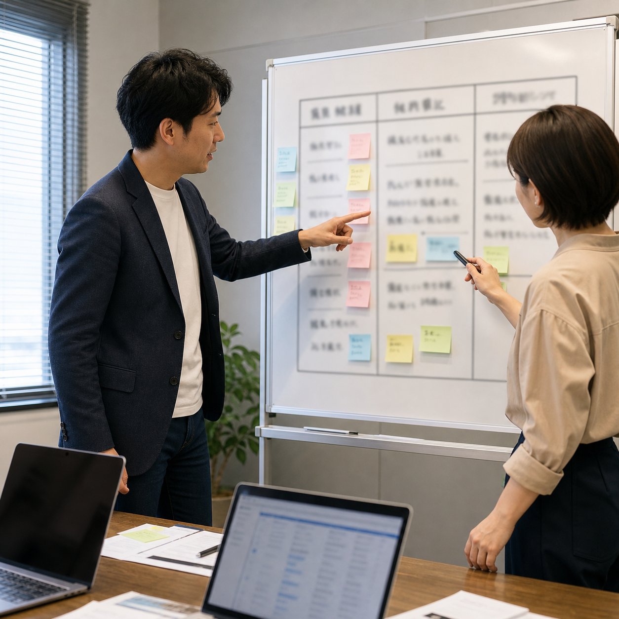 広告運用者と経営者がAIに任せる業務と人が判断する業務をホワイトボードで分けている様子