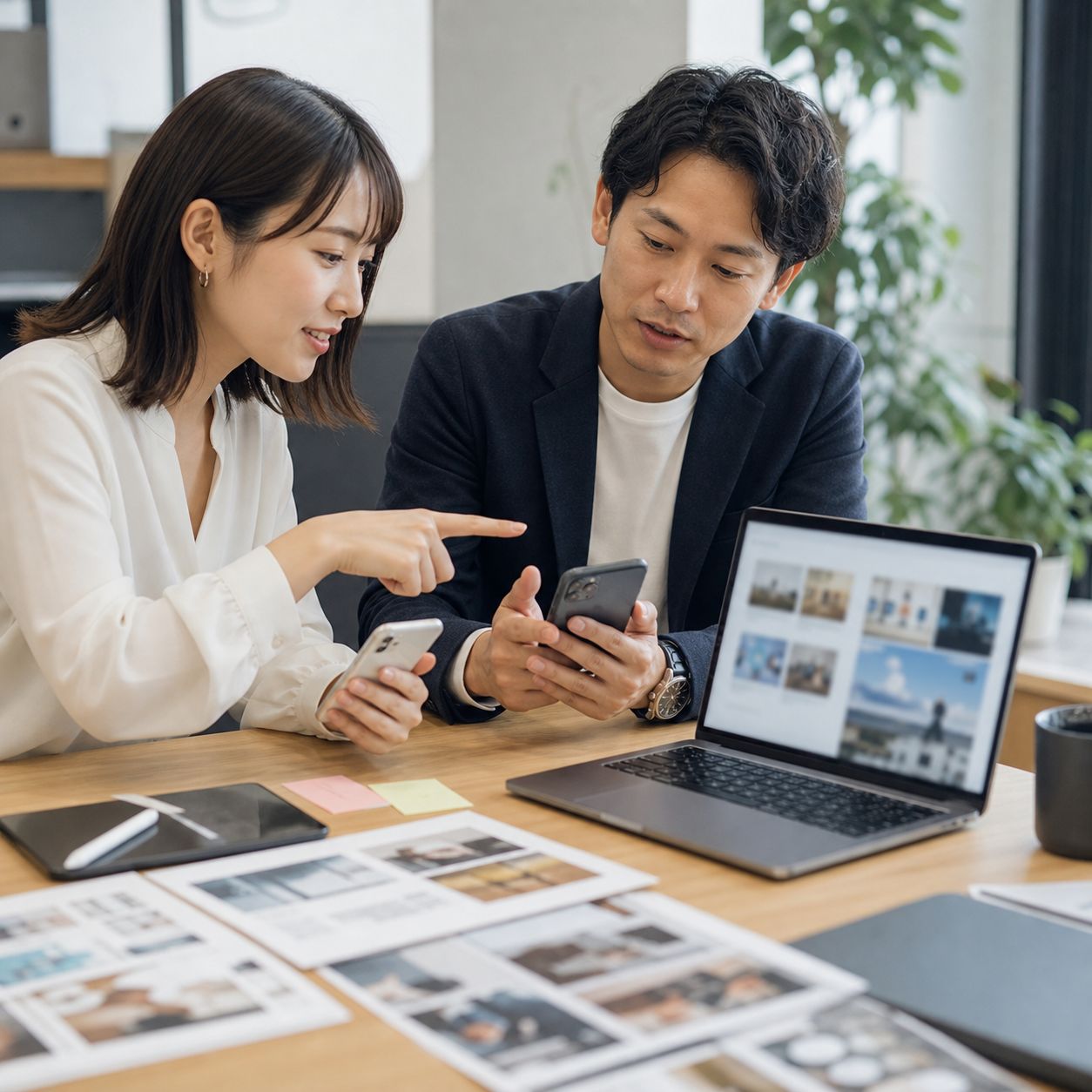 デザイナーと広告担当者がAIで生成した広告クリエイティブ案をスマートフォンで比較している様子