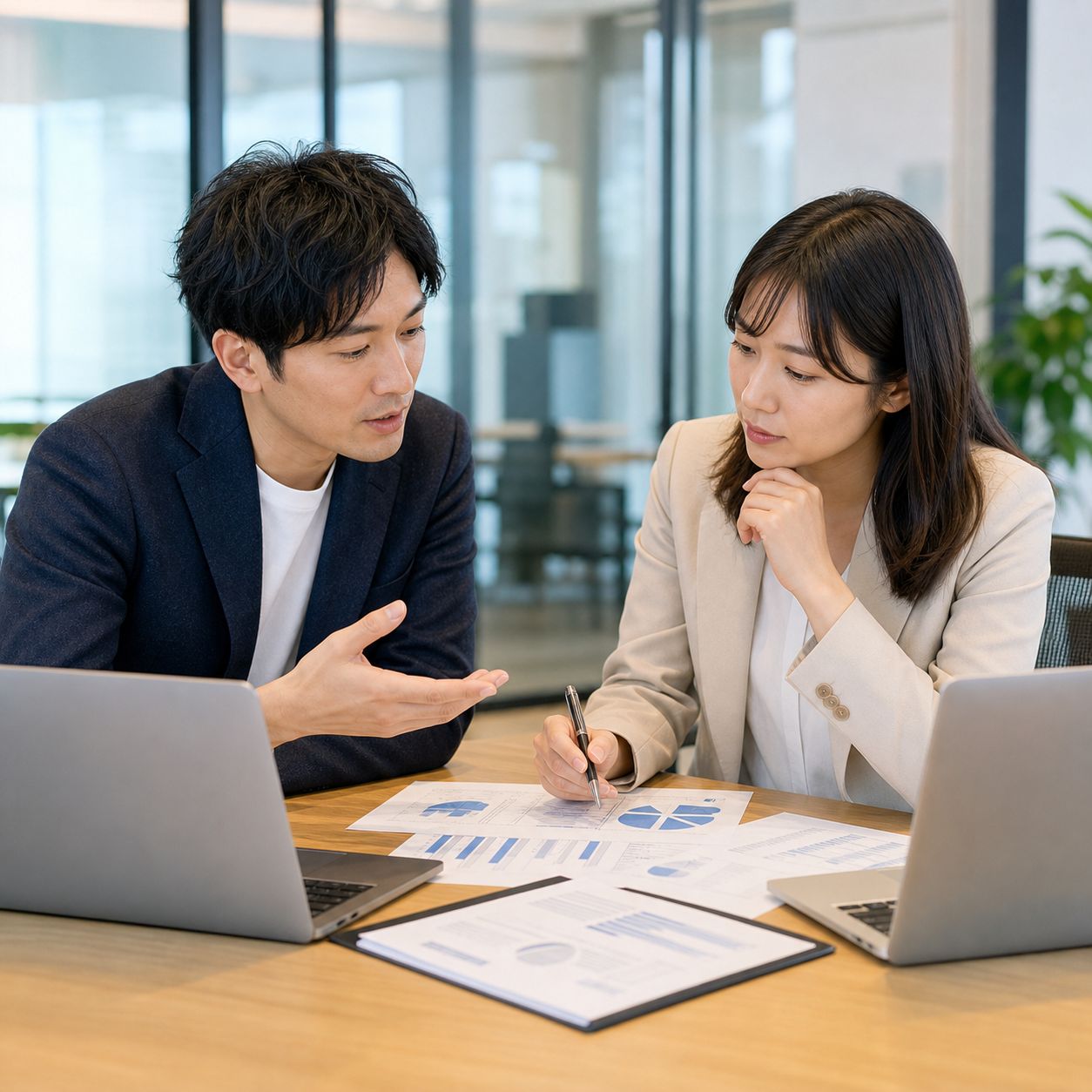 広告代理店の担当者と企業のマーケティング担当者がAI広告運用の役割分担を話し合っている様子
