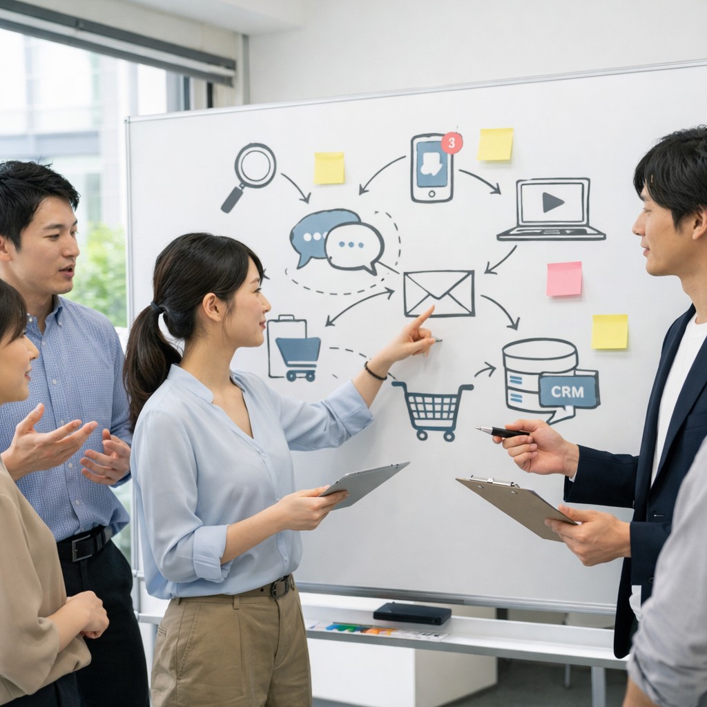 複数の集客チャネルをホワイトボードで整理する日本人マーケティング担当者チーム